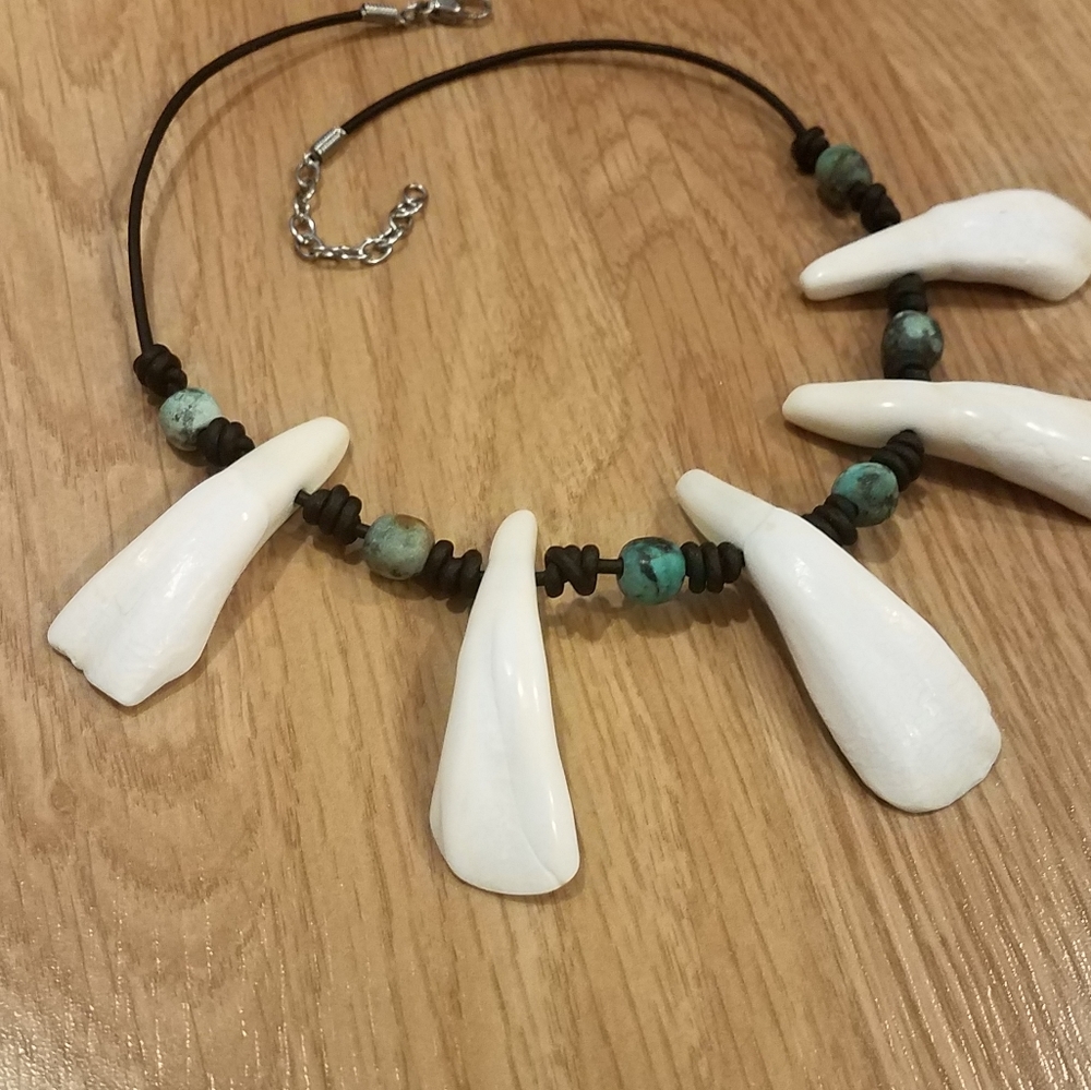 FINAL PRICE Buffalo Tooth African Turquoise Knotted Leather Necklace